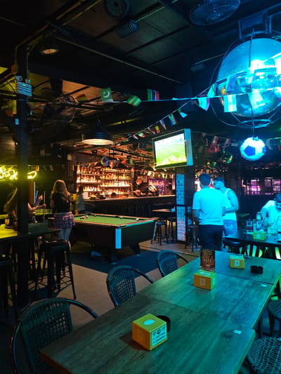 This media file depicts a dimly lit, vibrant bar with a lively atmosphere, likely in Thailand. The scene is characterized by a variety of objects and activities, creating a sense of festivity and entertainment.

The main subjects include several people, some standing and others seated, engaged in social interactions. In the foreground, a woman with long hair is visible, her back to the camera, wearing a skirt. Further in, a group of men appear to be socializing around a table. Overhead, a large disco ball with blue lighting casts a glow, while various flags, possibly representing different countries, are strung up, suggesting an international theme or a gathering for a sporting event. A soccer ball is also prominently displayed.

The setting is a bar with a long wooden table in the foreground, adorned with small yellow and orange boxes, one of which displays the text "LEO BEER" and "BUCKET". The table is numbered with a "10" and "11" visible. Chairs with woven seats surround the table. In the background, a pool table is set up, indicating recreational activities. A well-stocked bar with rows of bottles is also a central feature, bathed in warm light. The overall lighting is a mix of blues, greens, and warm yellow hues, contributing to the energetic ambiance.

The presence of the soccer ball and numerous flags suggests a potential sporting event viewing or celebration. The time of day appears to be evening or night, given the indoor lighting and atmosphere. The presence of beer buckets and a bar implies social drinking and enjoyment. No specific weather information can be deduced from the image.

Visible text includes "U: LOFT R&B", "P: 89898989", "LEO BEER", "BUCKET", and table numbers "10" and "11". The location context provided is Ban Klong Haeng, Thailand, which aligns with the typical style of bars found in such regions.
