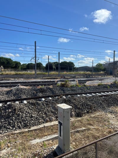 This image, captured in Bari, Italy, presents an upright view of a multi-track railway line under a bright, clear blue sky dotted with scattered white cumulus clouds. Numerous parallel railway tracks, laid on grey gravel ballast and supported by concrete sleepers, recede into the distance. Dry, golden-brown grass and weeds grow between and alongside the tracks.
In the foreground on the right, a light-colored rectangular utility box or housing is partially visible, featuring a distinct black left-pointing arrow and faint red numerical markings, possibly "50" or "SO", above it. Adjacent to this, a metal mesh fence runs along the perimeter. Farther along the tracks, sections of orange and white mesh safety netting are draped over the ballast, suggesting ongoing railway maintenance or construction work.
The midground is characterized by a dense line of green trees and foliage running parallel to the tracks. Beyond the trees, in the distant background, various industrial-style buildings, including one with a rounded roof, are discernible. Overhead, a complex array of black catenary wires for electric trains spans the entire scene, supported by numerous metal poles and lattice structures. A faint white contrail from an aircraft is visible in the upper sky. The scene is bathed in bright sunlight, indicating midday or early afternoon on a clear, warm day.