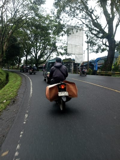 The image depicts a multi-vehicle road scene under an overcast sky, viewed from the perspective of a following vehicle, on what appears to be a two-lane asphalt road with a slight left curve. The road is flanked by lush green vegetation and large trees, some forming a canopy overhead.
In the immediate foreground, the rear of a motorcycle is visible, ridden by an individual wearing a dark hooded jacket and a dark cap. The motorcycle carries large, light-brown, canvas-like panniers or bags on either side of its rear wheel. Its license plate, "F 6748 CO" with "08-29" below, is clearly visible, indicating an Indonesian registration (region 'F' covers areas like Bogor, Sukabumi, and Cianjur).
Ahead of this motorcycle, a dark green Suzuki Jimny-like utility vehicle is in motion, followed by another motorcycle with a rider in a white helmet. Further down the road on the left, a dark sedan or hatchback is visible, trailing the second motorcycle. All these vehicles are traveling in the same direction.
On the opposite side of the road, approaching the viewer, a motorcycle carries two individuals. The driver wears a dark jacket, and a passenger is seated behind.
The road features a broken white line on the left edge, separating the paved surface from the grassy verge, and a solid yellow line delineating the edge of the opposing lane. The asphalt appears damp.
To the right of the road, a tall, blank white billboard structure stands prominently. Beyond it, a blue archway with visible Indonesian text, including "PERJALANAN" (Journey/Travel) and "PELAYANAN" (Service), marks what appears to be an entrance or landmark. Other buildings and structures are discernible in the background.
The visible textual information (Indonesian language on signs, Indonesian 'F' license plate) strongly suggests the location is in Indonesia, not Serpang Shalli, Bhutan, as specified.