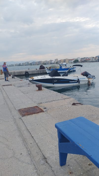 A person stands on a concrete pier next to a small, white and blue motorboat docked in the water. The person, wearing a striped t-shirt and gray shorts, is looking towards the left of the frame and has their left arm raised. A small, gray cat is visible on the pier near the person. The boat, branded "QUICKSILVER," has a black canopy and an outboard motor. In the background, a line of buildings and houses stretches along the coastline under a cloudy sky. Several other boats are moored in the harbor. The scene appears to be in the city of Neoi Epivates, Greece, with the Aegean Sea visible. A bright blue wooden bench is situated in the foreground on the pier.