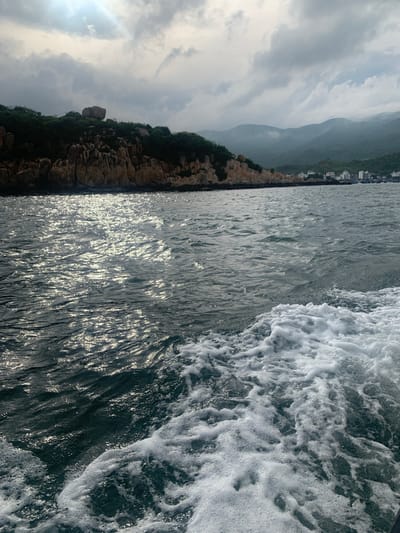 A rocky coastline with green vegetation juts out into the ocean under a cloudy sky. Sunlight glints off the choppy water in the foreground, where white foam churns from the movement of a boat. In the distance, misty green mountains form a backdrop to a small cluster of white buildings along the shore. The scene appears to be the coast of Vinh Hai, Vietnam.