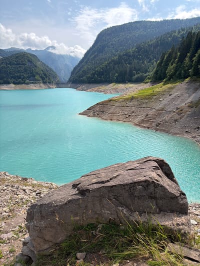 This is a vertical, medium shot of a turquoise lake in a mountainous region. In the foreground, a large, grey boulder is positioned on the left side of the image, taking up the bottom left quadrant. Sparse green grass and dry vegetation grow around the base of the boulder and on the rocky, uneven ground.
The lake occupies the majority of the image, its vibrant turquoise water rippling gently. The shoreline on the right side of the lake is rocky and barren, with visible layers of sediment indicating a lower water level. Further back, steep, tree-covered mountains rise on either side of a narrow inlet of the lake, with a dam structure visible in the distance at the end of the inlet. The sky above is blue with scattered white clouds. The scene depicts a natural landscape with a man-made structure. No people are present in the image. The location is Ampezzo / Dimpeç, Italy.