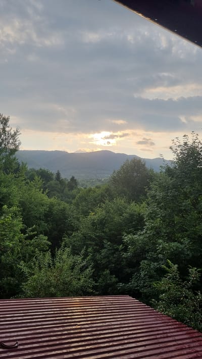 The image shows a view from a rooftop in Vyshka, Ukraine, looking out over a lush green forest towards rolling hills and mountains under a cloudy sky with the sun breaking through. The foreground is dominated by a section of a corrugated metal roof, painted a dark reddish-brown, with visible parallel ridges and some minor wear or rust. Beyond the roof, a dense forest of various shades of green trees fills the midground, with the foliage appearing thick and healthy. In the background, the landscape transitions to a series of undulating hills and mountains, silhouetted against the sky. The sun is partially obscured by clouds, casting a soft, diffused light and creating highlights on the clouds and a faint glow near the horizon. The overall scene depicts a natural, wooded landscape, likely in a rural or mountainous area, with the man-made element of the roof in the foreground providing a vantage point. There are no people or animals visible in the image.