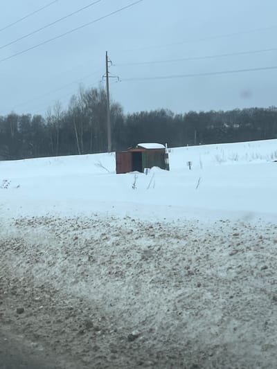 This image depicts a snow-covered rural landscape in the city of Poddubki, Russia, under an overcast gray sky. The foreground presents a textured expanse of dirty snow intermingled with brown gravel and dirt, indicating a disturbed ground area. The midground is dominated by an unbroken field of white snow, from which several thin, leafless plant stems protrude. Centrally positioned in this snowfield is a small, rectangular, shed-like structure, partially embedded in the snow. Its visible left panel is a rusted reddish-brown, while the right panel is dark green, and its flat roof is topped with snow. A dark, open rectangular entrance is visible on its front face. Two small, white rectangular markers are partially visible in the snow directly in front of the structure, and a darker, square-topped marker on a short pole stands further to the right in the snow. The background features a dense, dark line of leafless deciduous trees. Above the tree line, a tall utility pole with multiple horizontal crossarms supports several power lines against the uniformly gray sky. No individuals, animals, or active subjects are present.