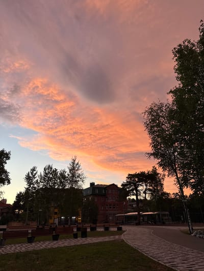 The image depicts a park area in Surgut, Russia, at dusk. The sky is filled with vibrant pink and orange clouds, characteristic of a sunset. In the background, a multi-story brick building with visible windows and a darker green roof stands among trees. A paved pathway winds through the park, bordered by grassy areas. Several wooden benches with dark metal legs are placed along the pathway, and a couple of trash receptacles are visible. Trees with dark green foliage are scattered throughout the scene, with some silhouetted against the colorful sky. The lighting suggests the transition from daylight to evening. No people are clearly visible in the image.