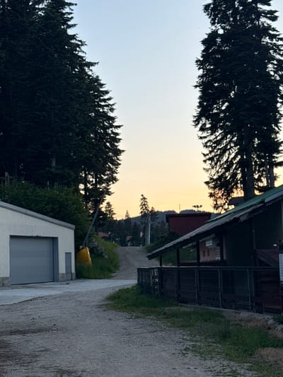 The image captures a serene outdoor scene with a twilight sky. On the left, a light-colored building with a large grey garage door is visible, bordered by a green hedge and tall evergreen trees. A bright yellow object, possibly a tarp or a piece of equipment, is partially visible behind the hedge. A gravel path leads away from the building, winding uphill towards a cluster of houses in the distance.

To the right, a dark-colored building with a green, sloped roof and a wooden fence in front is prominent. The fence encloses a grassy area. Beyond this building, more houses and trees are scattered across the hillside, with the sky transitioning from a pale yellow to a light blue at the top. The overall atmosphere suggests a rural or mountainous setting, possibly on the outskirts of a town. The image does not contain any people.

While the image depicts a general outdoor scene with buildings and trees, it does not contain specific landmarks or details that would allow for definitive identification of its location within the city of Samokov, Bulgaria.