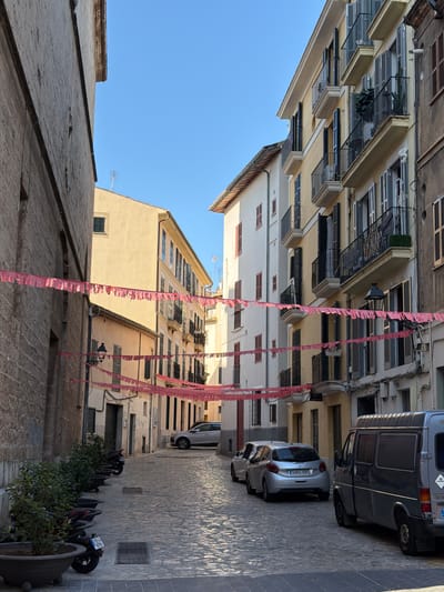 The image depicts a narrow cobblestone street in the city of Palma, Spain, lined with multi-story buildings. The architecture suggests a historic European city. Pink decorative streamers are strung across the street, indicating a possible celebration or event.

On the left side of the street, a tall, textured stone building dominates the foreground, with a narrow window visible and a darker section that might be a doorway. Several potted plants with dark green foliage are arranged along the base of this building, with parked motorcycles behind them.

The buildings on the right are painted in various colors, primarily cream and pale yellow, with some darker, aged facade elements. They feature multiple floors with balconies, many of which have black metal railings and are adorned with shutters, some open and some closed. Several windows are visible, some with dark shutters.

Several vehicles are present on the street. A silver hatchback car is parked further down the street, and a silver sedan is visible on the right, closer to the foreground. A dark gray van is parked on the right side of the street, taking up a significant portion of the foreground.

The sky is clear and blue, suggesting a sunny day. The street is paved with uneven cobblestones. The overall impression is a quaint, sun-drenched urban scene.