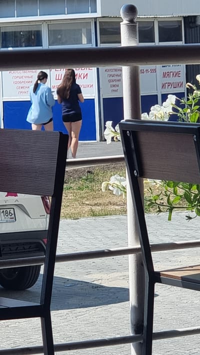 The image depicts a street scene in Megion, Russia, with two young women walking away from the camera. They are standing in front of a building with large windows and blue panels. A sign on the building reads "МЯГКИЕ ИГРУШКИ" (Soft Toys) and "ИCКУССТВЕННЫЕ ГОРШЕЧНЫЕ УДОБРЕНИЯ СЕМЕНА ГРУНТ" (Artificial Potted Fertilizers Seeds Soil). To the left, a white car with a license plate displaying "186 RUS" is parked. In the foreground, parts of two outdoor chairs are visible, partially obscuring the view of the street and the women. White flowers are blooming in the background. The lighting suggests it is a sunny day.