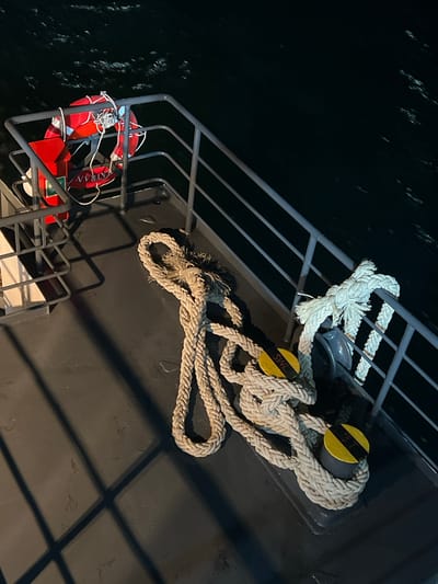 This image depicts a nighttime scene on the deck of a vessel, likely a ferry or cargo ship, given the presence of heavy-duty ropes and a life preserver. The water is dark, with the occasional glint of light on its surface, suggesting a calm sea. The deck itself is dark gray, and a metal railing runs along the edge.
Two thick, braided ropes are coiled on the deck. One is white and appears to be newer, secured with a knot. The other is a tan color and shows signs of wear, with frayed ends. Both ropes are draped over or near gray, cylindrical bollards. One of these bollards has a yellow and black striped marker. A yellow disc with "SWL" printed on it, likely indicating "Safe Working Load," is visible on one of the ropes.
To the left, a bright red life preserver hangs on the railing. It has white stripes and some visible text, though it's partially obscured. Below the life preserver, a red metal bracket is attached to the railing. The scene is illuminated by artificial light, casting long shadows across the deck, and suggesting it's night. The overall mood is practical and functional, indicative of a working vessel. The location context of Nathon, Thailand, implies this scene takes place in the waters near that port.