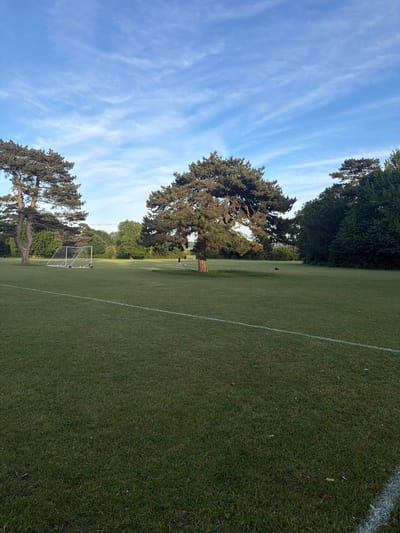 This image depicts an outdoor park or recreational ground located in Maidstone, United Kingdom. The scene is illuminated by daylight, suggesting either early morning or late afternoon, characterized by soft light and visible shadows.
The upper portion of the frame features a clear, light blue sky with scattered, wispy white cirrus clouds. The ground consists of a large expanse of green grass, indicative of a well-maintained field. A distinct white line, typically found on a sports pitch, stretches horizontally across the lower-midground. A partial white corner marking is visible at the bottom-right edge.
Several mature trees are prominent features. A large conifer, likely a Scots Pine, stands on the left side of the frame. Another large conifer is centrally located, with its trunk catching direct sunlight. A third large conifer is visible on the right side. In the background, a dense treeline composed of mixed deciduous and coniferous trees marks the perimeter of the field.
In the midground, a white metal football goal with a net is positioned to the left. Near the base of this goal, several orange and white footballs are visible, along with a few small orange training cones.
Three human figures are present on the field. One small, distant figure is faintly discernible in the far left background, near the leftmost tree. A second figure is standing near the base of the large central tree. A third figure, wearing dark clothing, is observed in a stooped or bending position in the mid-right area of the field. The specific activities of the individuals are not definitively clear from the distance and resolution, but the presence of sports equipment suggests preparation for or engagement in a game or practice. No buildings or distinct urban structures are visible within the frame.