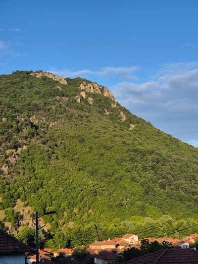 The image shows a panoramic view of the town of Lesidren, Bulgaria, nestled at the base of a lush, green mountain. The mountain dominates the upper half of the frame, its slopes covered in dense deciduous forest. Rocky outcrops are visible on the upper ridges of the mountain. A clear blue sky with scattered wispy clouds stretches above.
In the foreground, the rooftops of houses with red-tiled roofs are visible, indicating a residential area. A wooden utility pole with a streetlamp and power lines runs diagonally across the image, intersecting the mountain and the town. The lighting suggests it is late afternoon or early evening, with the sun casting a warm glow on the scene. No people are visible in the image. The overall impression is one of a peaceful, rural setting.