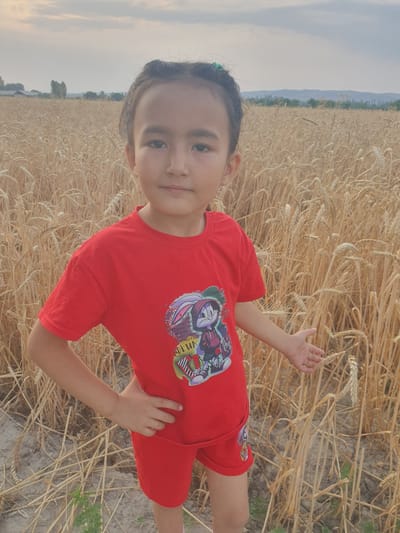 A young girl stands in a golden wheat field. She is wearing a red t-shirt with a cartoon character on it and matching red shorts. Her hair is pulled back in two pigtails. The field stretches out behind her, with some trees and buildings visible in the distance. The sky is overcast. The image appears to have been taken in Gulpiyon, Uzbekistan.