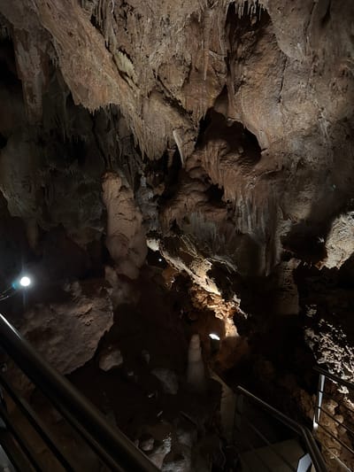 The image shows the interior of the cave of Petralona, located in Πετράλωνα, Greece. The cave features various speleothems, including stalactites and stalagmites, formed from calcium carbonate deposits. Artificial lighting is present, illuminating certain areas of the cave. A metal stairway with a railing is visible on the right side of the image, indicating a pathway for visitors. The lighting and metal features suggest the cave is used for tourism.