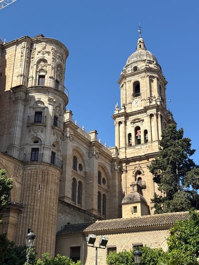 This image shows the Málaga Cathedral, a Roman Catholic cathedral in the city of Málaga, Spain. The cathedral is notable for its unfinished right tower, which has earned it the nickname "La Manquita" (the one-handed lady). The building features a mix of Renaissance and Baroque architectural styles, with ornate facades, arched windows, and a prominent dome. The bright blue sky suggests it is a sunny day. In the foreground, there are lush green trees and some architectural elements of a lower building, possibly part of the cathedral complex or adjacent structures. The image is taken from a low angle, emphasizing the height and grandeur of the cathedral.