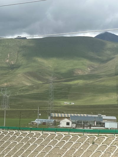 This is a medium shot of a vast, green, rolling mountainous landscape under a cloudy sky. In the foreground, there are rows of pre-fabricated concrete structures filled with dirt and gravel, separated by a bright green metal fence. Behind the fence, a complex of buildings, possibly agricultural or residential, is visible. One prominent building has a blue corrugated roof and large glass windows. Several power lines and tall metal electricity pylons traverse the middle ground of the image, indicating infrastructure in the area. In the distance, a herd of white animals, likely sheep, grazes on the lush green slopes of the mountains. The overall scene depicts a rural or semi-rural setting in a mountainous region.