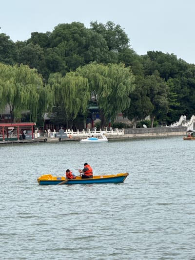 In this vertical, eye-level shot, two individuals are enjoying a leisurely paddleboat ride on a calm body of water. The boat is yellow and blue, with the front end of the boat on the right side of the frame. Both individuals are wearing bright orange life vests. One person, in the front of the boat, appears to be steering with an oar. The other person is seated behind them.
The background reveals a lush, green landscape with dense trees lining the shore. A stone walkway runs along the water's edge, with traditional Chinese architecture visible beyond it. Some white railings and decorative elements are present along the walkway. The water's surface is rippled, suggesting a gentle breeze. The sky is overcast, indicating a potentially cloudy day. There is no visible text in the image. The scene evokes a sense of peaceful recreation in a scenic park or garden setting, likely in Xicheng District, China, given the architectural style and foliage.