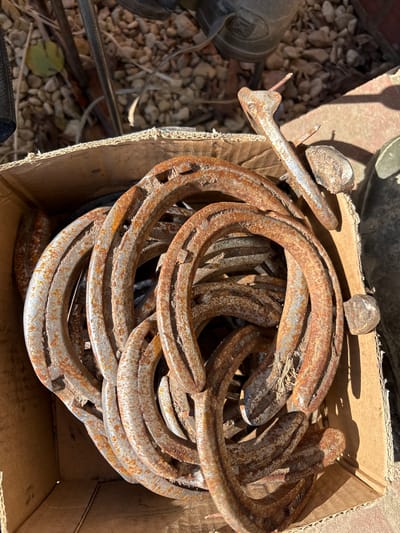 The image shows a box filled with rusty horseshoes. The box is made of cardboard and appears to be sitting outdoors, possibly in a garden or yard, based on the presence of gravel and plant debris in the background. Several horseshoes are scattered around the box. The location is Pulverbatch, United Kingdom. No people are visible.