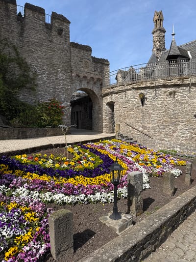 The image shows a flower bed alongside a stone wall, likely part of the Reichsburg Cochem (Cochem Imperial Castle) in Cochem, Germany. The flower bed is filled with rows of colorful pansies - purple, yellow, white, and other hues. Behind the flowers, a stone pathway leads towards an arched opening in the castle wall. Part of a castle tower is visible in the upper left corner of the image, with its pointed roof and stonework. A metal railing is present along the top of the wall. A black, ornate lamppost stands among the flowers. A bush with red flowers is visible. The weather appears sunny, with clear blue sky.
