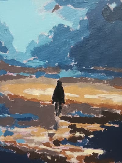 The painting depicts a solitary figure walking on a beach. The sky is a mixture of light blue and dark clouds, with hints of pink and brown. The beach itself is rendered in broad strokes of yellow, orange, brown, and blue, suggesting wet sand reflecting the sky and possibly shallow water. The figure is small in comparison to the landscape and is depicted as a dark silhouette, facing away from the viewer. The overall impression is one of isolation and contemplation. The location is not specified in the image.