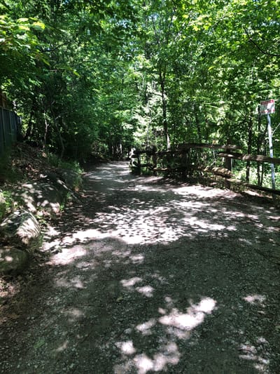 The image depicts a sun-dappled gravel path winding through a dense deciduous forest. The path is flanked by trees with lush green foliage, creating dappled shadows on the ground. On the left side of the path, there is a rocky embankment with some grass and fallen leaves. A wooden fence, constructed from rough-hewn logs, runs along the right side of the path. In the distance, a signpost with a red warning symbol is visible amongst the trees. The scene appears to be a nature trail or park, consistent with areas found in Barrie, Canada, such as the trails within the Simcoe County Forest. There are no people visible in the image.