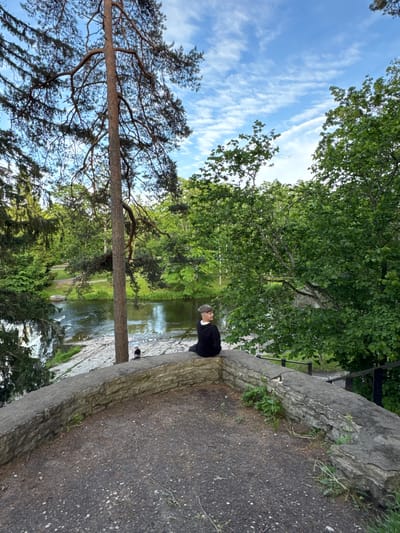 The image depicts a scenic view from a stone embankment overlooking a flowing body of water, likely the Keila River, in Keila-Joa alevik, Estonia. A person is seated on the embankment, facing away from the camera and looking towards the water. The individual is wearing a black long-sleeved shirt and a cap. The embankment is made of rough-hewn stones and is covered in gravel and sparse vegetation.

Behind the embankment, the river reflects the blue sky and surrounding lush green trees. A tall pine tree with intricate branches stands prominently in the foreground, framing the view. Further into the background, dense foliage and trees create a verdant landscape. The sky is partly cloudy, with wispy white clouds scattered across a clear blue expanse. There are a few birds visible on the rocky bank of the river. A black metal railing is present on the right side of the embankment, indicating a designed viewpoint.