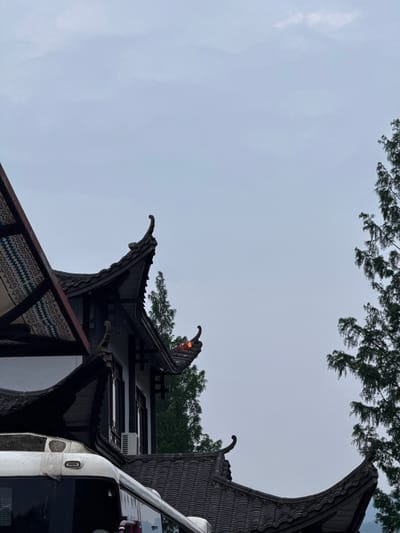 The image captures the distinctive architecture of Wulingyuan, China, with the ornate, curvilinear roofs of traditional buildings dominating the foreground. The roofs are dark, possibly tiled, and feature decorative elements, evoking an Asian architectural style. A portion of a white bus or vehicle is visible on the right, its presence suggesting the scene is in a tourist area. Trees are present in the background and upper part of the frame. The sky is overcast. The composition is tilted, giving a dynamic, low-angle perspective.