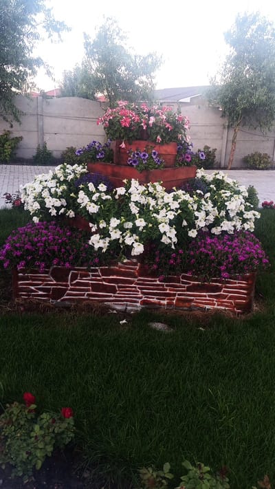 The image depicts a tiered planter box filled with a variety of flowering plants. The planter box itself is constructed from what appears to be wood and is decorated with a faux stone pattern. In the top tier, pink and white petunias are prominently displayed, surrounded by smaller purple flowers. The middle tier features cascading white flowers, likely petunias or a similar variety, with clusters of purple flowers below. The bottom tier showcases a dense planting of small, vibrant purple flowers. Behind the planter box, a gray concrete fence stretches across the background, with trees and foliage visible on either side. The ground in front of the planter is covered in lush green grass. Two red roses are visible in the lower left corner, planted in the grass. The scene is set outdoors, likely in a garden or courtyard. There are no people present in the image. The location is identified as Choktal, Kyrgyzstan.