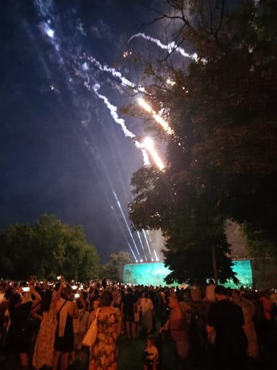 This image depicts an outdoor nighttime event, likely a concert or performance, with a large crowd of people gathered. The event is taking place in Vidin, Bulgaria, specifically at the Baba Vida Fortress.
In the foreground, a dense crowd of people is visible, many holding up their phones, presumably to record or photograph the event. Their attire suggests warm weather, with many wearing light clothing. The mood appears festive and engaged.
In the background, a large, illuminated structure with a turquoise glow is visible, acting as a backdrop or stage. Beams of light emanate from this area and project upwards into the night sky, suggesting a light show or part of the performance.
Above the crowd and the illuminated structure, the night sky is dark blue, punctuated by streaks of white and colored light trails from fireworks or pyrotechnics. These trails suggest an ongoing or recently concluded pyrotechnic display. Trees with dark foliage are scattered throughout the scene, framing the event and adding to the outdoor atmosphere. The Baba Vida Fortress, a historical landmark in Vidin, is identifiable by its stone walls and the overall setting.