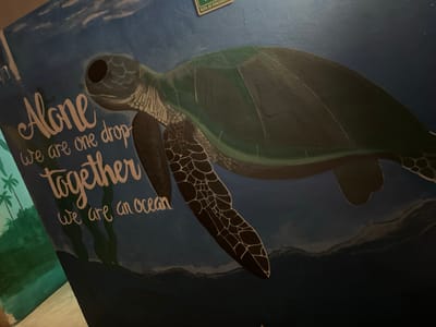 A medium-shot, angled indoor photograph shows a mural on a wall. The mural depicts a sea turtle with a dark green shell, a black head, and one visible black flipper marked with white lines. The turtle swims to the right, and beneath it are painted dark blue waves. To the left of the turtle, in cursive, are the words "Alone we are one drop together we are an ocean" written in a cream color. Further to the left, indistinct shapes of palm trees and grass are painted. A yellow evacuation sign is on the wall above the turtle's shell. The photo was taken in Playa del Carmen, Mexico.