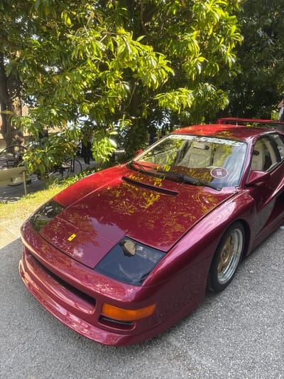A maroon sports car is parked on a paved street next to a tree. A bicycle leans against the tree. The sports car has aftermarket wheels. There is a sticker on the front windshield and another sticker on the front hood. The image was taken in Como, Italy.