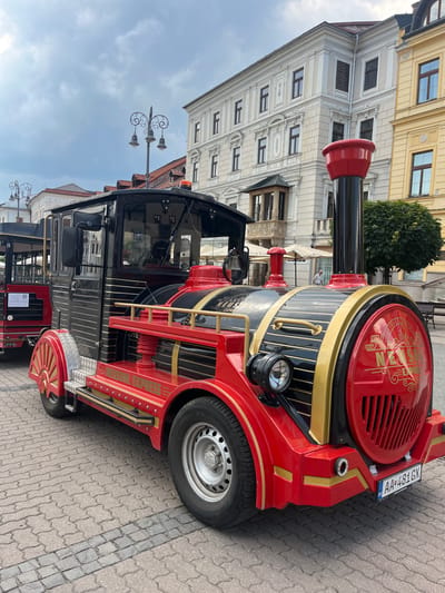 A red and black tourist train, designed to resemble a steam locomotive, is parked on a cobblestone street in Banská Bystrica, Slovakia. The train has a prominent red front with gold accents and a large grill. The side of the train is black with horizontal gold stripes and the words "NEUSOHL EXPRESS" are visible in gold lettering along the bottom. The train has a black roof and a tall black smokestack with a red cap. The surrounding environment includes buildings with traditional architecture, a street lamp, and a green tree. The sky is cloudy. A license plate on the front of the train reads "AA-481 GX".