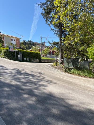 The image presents a tranquil, sun-drenched street scene, likely in a residential area of Sarnano, Italy. A paved asphalt road curves gently to the left, with significant shadows from overhead trees dappling its surface, suggesting mid-morning or early afternoon on a clear day.

On the right side, dense green foliage from large trees forms a natural canopy, partially obscuring a metal fence or gate. Below, a utility pole stands near the road. The left side features a verdant embankment, heavily covered in ivy and other plants, bordering the road. Beyond this greenery, several multi-story buildings with light-colored facades and traditional tiled roofs are visible, interspersed with more trees. In the background, multiple large construction cranes against a bright blue sky indicate ongoing development. A prominent white airplane contrail stretches across the clear sky in the upper left.

Along the left embankment, a white road sign is clearly visible. It displays a blue square 'P' symbol for parking with a left arrow, a "centro" (center) sign with a straight arrow, and a red circular "No Entry" sign with a left arrow. Additional text on the sign, though partially obscured, includes phrases like "con riserva" (with reservation) and "merce vasta" (general goods), hinting at specific parking regulations or a market area. The scene is devoid of people or vehicles, conveying a sense of quiet and calm.