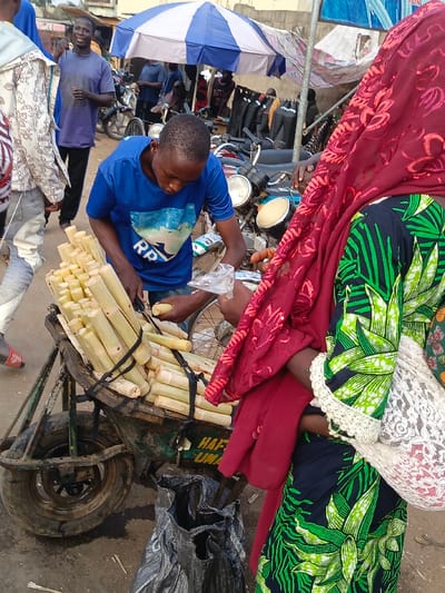 A vendor in a blue t-shirt cuts sugarcane for a customer in a red headscarf and patterned dress at an outdoor market. The sugarcane, bound in bundles, sits on a green cart with a black tire. Other people and motorcycles surround the vendor, and a blue and white striped umbrella provides shade in the background. A black plastic bag hangs from the cart.
