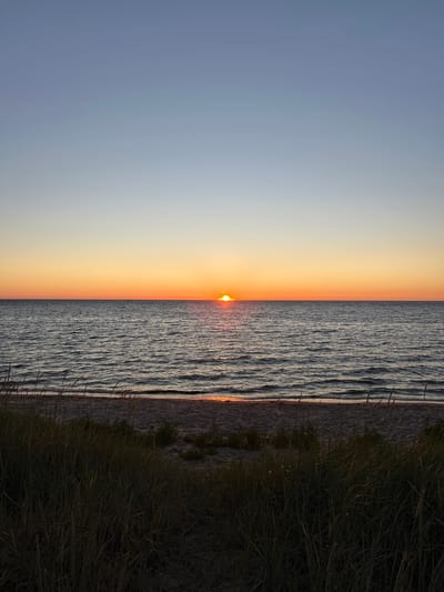 This is a horizontal, eye-level, full-shot photograph of a serene sunset over the Baltic Sea at Meremõisa, Estonia. The sun, a bright orange orb, is positioned low on the horizon, casting a shimmering golden path across the rippling blue water. The sky above transitions from a pale blue at the top to a vibrant orange just above the horizon, creating a warm gradient. In the foreground, tall, dark green dune grasses sway gently on a sandy beach, partially obscuring the shoreline. The overall scene evokes a sense of peace and tranquility. There are no people or animals visible in the image.