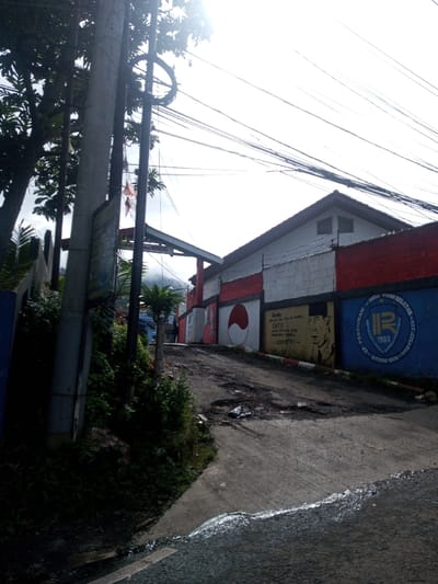 A sloping asphalt road leads to a building adorned with vibrant murals. The building's exterior features white, red, and blue sections with painted designs. A utility pole stands to the left, tangled with numerous wires. Lush greenery flanks the road's edge. A decorative archway spans the road near the building entrance. The sky is overcast.