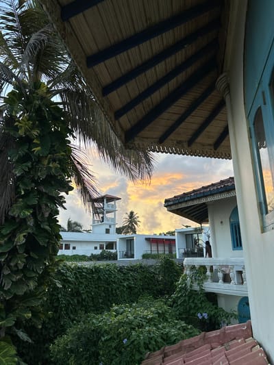 In Peleana, Sri Lanka, a tropical resort setting is depicted at dusk. The image is framed by the underside of a wooden roof with exposed beams and a decorative edge, partially obscured by a large, leafy plant and palm fronds on the left. A white building with a blue-trimmed window and a decorative balustrade is prominent on the right. Beyond this, a white tower with multiple levels and decorative railings stands against a sky filled with soft, orange and yellow clouds. Other modern white buildings with dark-trimmed windows are visible in the background, surrounded by lush green vegetation. A person is visible on the balcony of the white building on the right, facing away from the camera. The overall scene suggests a serene, possibly resort-like atmosphere.