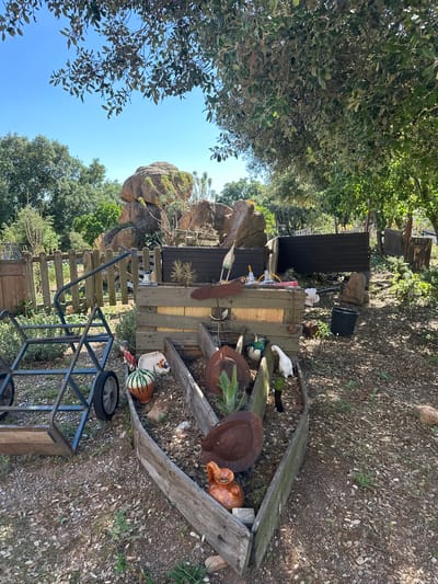 The image depicts an outdoor scene with a rustic garden bed in the foreground, likely located in the city of Santa Cristina d'Aro, Spain, given the context. The garden bed is constructed from weathered wooden planks and contains a variety of decorative objects, including ceramic figures of a duck and a chicken, a striped gourd-like object, an aloe vera plant, and rusty metal decorative elements resembling hats. A small orange ceramic pitcher with the word "Fiesta" is also visible. To the left of the garden bed, a blue metal garden cart with two wheels is present, positioned on a gravel and leaf-strewn ground. In the background, a rustic wooden fence separates the garden area from a densely wooded area with a clear blue sky overhead. Large rock formations are visible beyond the fence, interspersed with trees and vegetation. The overall impression is one of a charming, somewhat eclectic, and well-worn garden space.