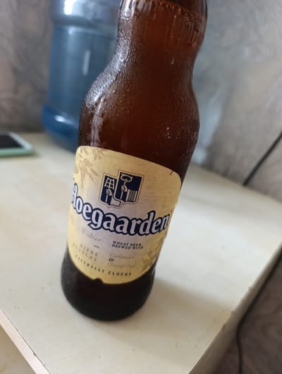 A condensation-covered brown glass bottle of Hoegaarden Witbier is the main subject in this close-up shot, set on a white, textured surface. The bottle's label is predominantly yellow with blue and white text and graphics. The prominently displayed text includes "Hoegaarden," and below it, "Witbier." Further down, "BIERE BLANCHE" and "NATURALLY CLOUDY" are visible, as is "WHEAT BEER BREWED WITH" followed by "Coriander" and "Orange Peel." The background is out of focus, showing a blue plastic bottle and a blurry, light-colored object that might be a piece of furniture or clothing. The lighting suggests it is daytime, possibly indoors. The scene is likely in Novoanninskiy, Russia, given the location context provided. No people are visible in the image.