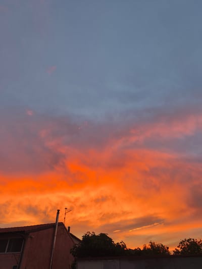 This is a photograph of a vibrant sunset over a residential area in Campochiaro, Italy. The sky dominates the upper portion of the image, transitioning from a pale, dusky blue at the top to intense shades of orange and red near the horizon. Wispy clouds are illuminated by the setting sun, creating a dramatic and colorful display.

In the lower part of the frame, the rooftops of houses are visible, silhouetted against the bright sky. One building, painted in an orangey-brown hue, features a prominent white pipe running vertically up its side, likely a chimney. An antenna is also visible on the roof of this building, indicating typical urban or suburban infrastructure. To the right, the dark silhouettes of trees and foliage add a natural element to the scene, contrasting with the man-made structures. The overall impression is one of a peaceful evening in a rural or small-town Italian setting, with the spectacular natural beauty of the sunset being the main focus. The time of day is clearly sunset, and the weather appears clear apart from the clouds. There is no visible text in the image.