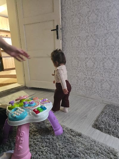 The scene is an interior room located in Petarnitsa, Bulgaria. A toddler, viewed from the back, stands with dark brown hair, wearing a light-colored long-sleeved top with shoulder ruffles and dark reddish-brown pants over white socks. The toddler is positioned near a white panel door, fitted with a black handle, which is slightly open, revealing light-colored wooden cabinets in an adjacent space. To the left, a fair-skinned adult's left hand is visible, extended into the frame. In the foreground, a pink and white infant activity table with multi-colored components (including a turquoise section, small piano keys, and various shapes) is situated on a grey shag rug. The floor consists of light grey wood-look laminate, with sections of grey shag rug. The wall on the right is covered in light grey wallpaper featuring a repeating damask pattern.