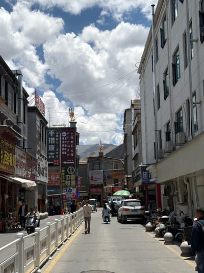 This image captures a lively street scene in what appears to be a bustling town or city, likely in Chengguan District, China, with mountainous terrain visible in the background. The photo is taken during bright daylight, indicated by the clear blue sky adorned with fluffy white cumulus clouds.
The street is lined with multi-story buildings of varying architectural styles, some appearing more modern with grid-patterned facades and numerous windows, while others have a more traditional look. Many of these buildings host a multitude of businesses, indicated by the array of colorful commercial signs hanging outside. A paved road, marked with a yellow dividing line, runs through the center, with a white, low barrier fence separating it from the sidewalk or storefronts on the right.
Several people are visible in the scene: a person walking on the street in the middle distance, another individual on the far right near parked vehicles, and people seated on or near motorcycles and scooters. A significant number of motorcycles and scooters are parked along the street, and a white car with the license plate "A-66420" is also visible further down. Overhead, a tangle of power lines and cables crisscrosses the street, adding to the urban feel. Traditional decorative elements, possibly prayer flags, can be seen atop some distant buildings, hinting at the cultural context of the region.
Visible text from the numerous signs includes "Three-Finger Health Preservation Hall," "Pintso Kangji," "Jiale Pai. Yun Hotel Home Store" (possibly a hotel), "Baixiang Family Hostel," "Bazhong Hotel," "Hair Salon," "Zhongxinyu Hardware Store," and a "Handmade Steamed Bun Shop." Other signs advertise "specialty products" such as "yak jerky," and Tibetan script (ཁྲོན་ཁྱད་རྫས།) is also visible, reinforcing the location's cultural identity.