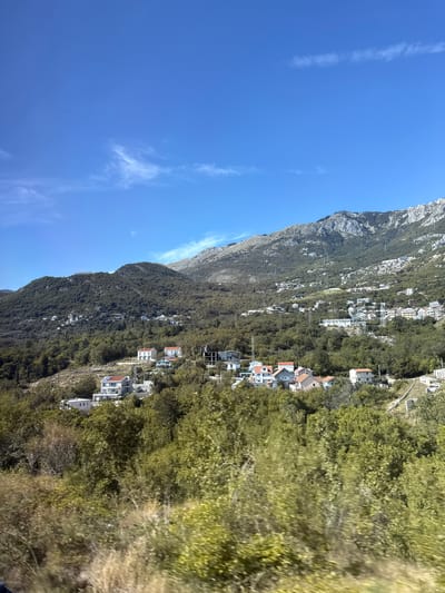 The image shows a residential area nestled on a hillside overlooking a valley. The sky is clear blue with a few wispy clouds. The hillside is covered with dense green trees and vegetation. Scattered among the trees are several houses and buildings, some with red tile roofs, others with white or grey facades. The houses appear to be of various sizes and architectural styles. In the background, a large, rugged mountain range rises, its slopes partially covered in trees and sparsely populated with buildings further up. Power lines and utility poles are visible throughout the scene, suggesting an established community. The foreground is dominated by blurred green foliage, indicating the photo was taken from a moving vehicle. This scene is representative of the village of Markovići in Montenegro, known for its hillside location and proximity to mountainous terrain.