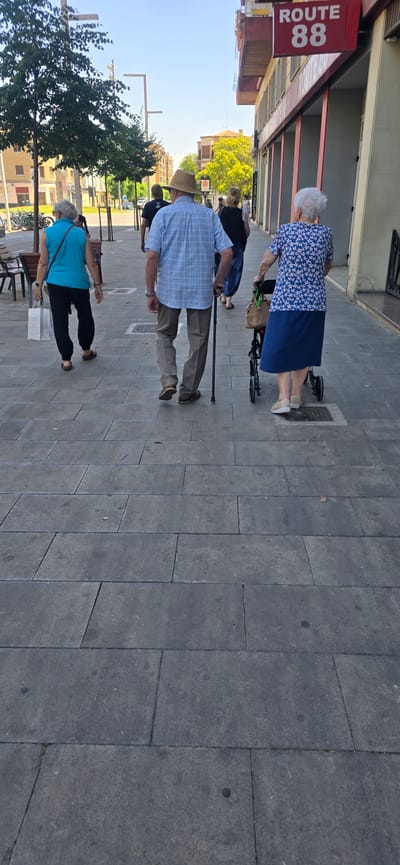 The image depicts a street scene in Huesca, Spain, likely on a pedestrian thoroughfare given the paving and shops. In the foreground, an elderly couple walks away from the camera. The man, wearing a plaid shirt and hat, uses a walking cane. The woman, in a blue floral dress, walks alongside a walker. Behind them, another couple walks, with the woman in a blue tank top carrying a white shopping bag and the man in a dark shirt. Further in the background, several other people are visible walking on the sidewalk, and shops with signs, including one that reads "ROUTE 88", line the street. Trees and lampposts are also present, suggesting an urban environment. The sky is clear and blue, indicating fair weather.
