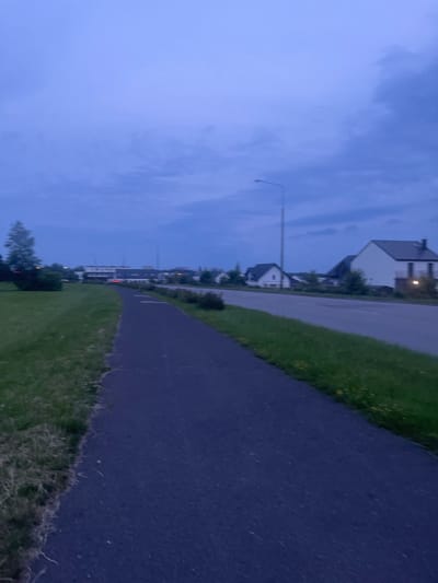 The image shows a paved pathway in what appears to be a residential area on the outskirts of Zabrze, Poland, during twilight. The sky is overcast with dark blue clouds. To the left of the pathway is a grassy area with some trees and bushes. Across a road on the right side of the pathway, there are several houses with dark roofs. A street light is visible in the distance, and a few distant lights from buildings are also present. The scene is calm and depicts an urban residential environment transitioning into nighttime.