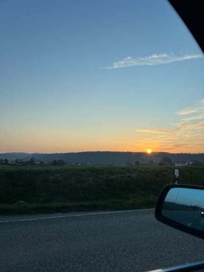 This image depicts a sunrise or sunset scene from the perspective of a vehicle in Untergruppenbach, Germany. The sky occupies the upper two-thirds of the frame, exhibiting a gradient from a bright orange-yellow at the horizon, where the sun is visible as a distinct luminous disc, to a clear, light blue overhead. Wispy, elongated clouds, some appearing like cirrus formations and others resembling contrails, are scattered across the sky, particularly in the upper right quadrant and centrally.

The midground features a dark green, densely forested ridge running horizontally across the frame, partially obscuring the lower half of the sun. Below this ridge, a collection of residential buildings, some with prominent white facades, is visible, indicating a village or town nestled within the landscape. The foreground is dominated by a dark asphalt road surface extending across the bottom, with a faint white line marking its right edge. Adjacent to the road on the right is a dark green grassy embankment.

A black vehicle side-view mirror is prominent in the bottom right corner of the image, reflecting a blurred section of the road and potentially the vehicle's interior. Immediately behind and to the left of the mirror, a white and black striped roadside marker pole is visible. No individuals are discernible in the scene. The lighting conditions suggest either early morning or late evening.