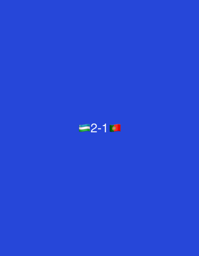 A score of 2-1 is displayed in white text against a solid blue background. To the left of the score is the flag of Uzbekistan, and to the right is the flag of Portugal. The image does not provide any information about the city of Yangiiul, Uzbekistan, nor does it contain any people, actions, or interactions. The environment is a plain blue background.