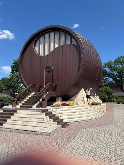 The image captures a unique building shaped like a giant wooden barrel, with a distinct yin-yang symbol integrated into its design on the front. A person wearing a light-colored t-shirt and dark shorts stands on the steps to the right of the barrel, looking at their phone. The barrel-shaped building is accessed by a wide set of stairs with carpet runners and wooden handrails. Flowerbeds with colorful blooms are present at the base of the stairs and on a raised platform. The surrounding environment includes lush green trees and other buildings with wooden architectural elements, suggesting a park or resort setting. The ground in front of the building is paved with intricate interlocking bricks. The sky is a clear blue with a few scattered white clouds, indicating a sunny day. This building is a notable landmark in the city of Nalchik, Russia, located in the Republic of Kabardino-Balkaria.