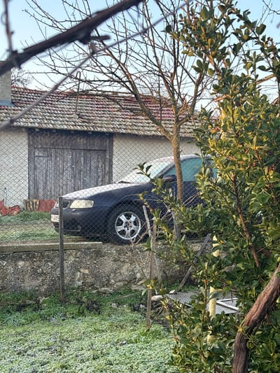This image captures an outdoor scene in Varbak, Bulgaria, under clear daylight. The foreground features low-lying green vegetation, appearing partially frosted, alongside bare deciduous tree branches and a vibrant green, leafy evergreen shrub. A chain-link fence, supported by metal posts, traverses the mid-ground. Behind this fence, a dark-colored four-door sedan, identified as an Audi A3 (8L generation), is parked. The vehicle exhibits a light, frosty coating on its windshield and upper surfaces. Visible components include the front bumper, grille, headlights, and a silver multi-spoke wheel on the front passenger side. The car is situated on a raised area supported by a concrete retaining wall. In the background, a single-story building with light-colored walls and a weathered red-tiled roof is present. The building's front features a large, double-leaf wooden door, possibly a garage or barn entrance, characterized by vertical planks and visible wear. A clear blue sky occupies the upper portion of the frame.
