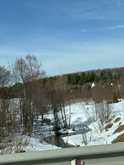 The image depicts a landscape scene, possibly in a rural or semi-rural area in or near Krasnye Gorki, Russia, given the presence of snow, trees and the sky.
**Environment:** The scene is characterized by patches of snow on the ground, indicating a late winter or early spring setting. A mix of deciduous and evergreen trees is present. The sky is blue with some signs of clouds.
**Subjects/Objects:** Trees dominate the middle ground, appearing bare with no leaves or with very early budding, suggesting it's not quite spring. A gray metal pole is visible on the right side of the picture which may be a guardrail of the road.
**Actions/Interactions:** There are no visible people or animals in the image. The scene is static, representing a still moment in time.