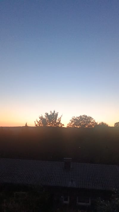 An outdoor, medium shot captures a sunset over a rural landscape, likely in Windeck, Germany. The sky transitions from a pale blue at the top to a soft orange and yellow hue near the horizon. Silhouetted against the fading light are trees of varying sizes and shapes, with a dark, undulating line of foliage separating the sky from the foreground. In the lower part of the image, the dark, sloped roof of a building with corrugated tiles is visible, featuring a chimney. The scene is dimly lit, suggesting either early morning or late evening.